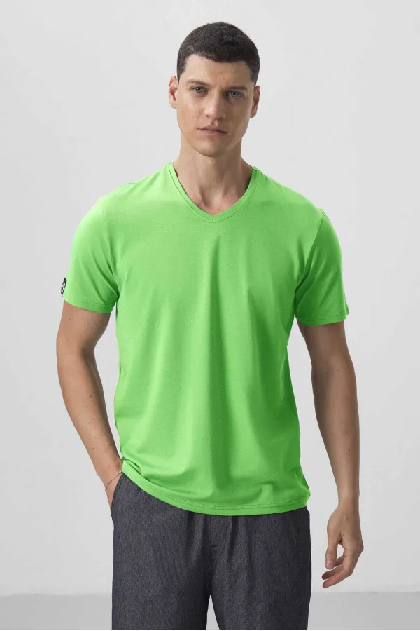 T-shirt basique Tommylife pour homme, col en V, coupe standard, vert fluo, référence 87912.