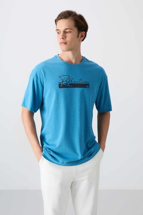 Tommylife Toptan O Yaka Oversize Baskılı Erkek T-Shirt 88334 Petrol Mavi