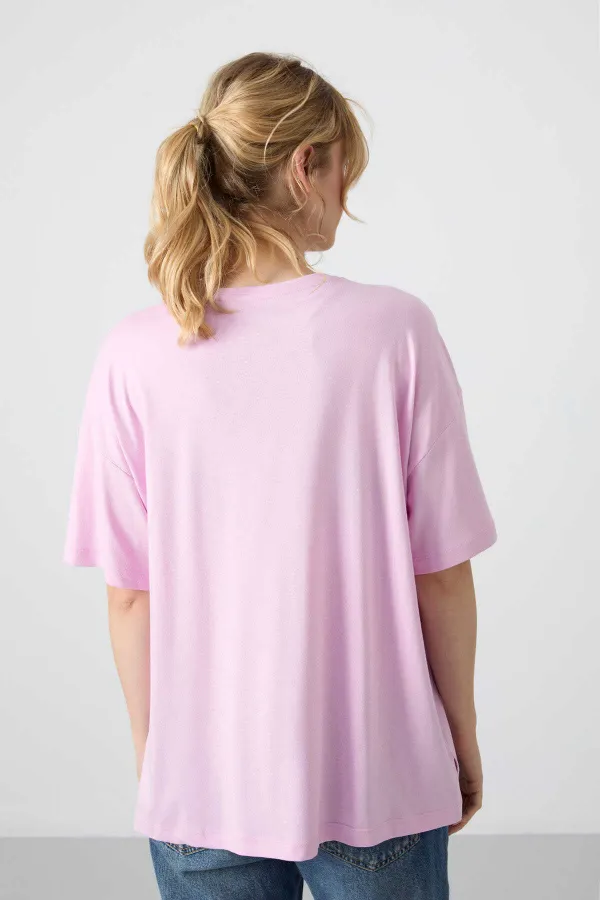 Tommylife Toptan O Yaka Oversize Basic Kadın T-Shirt 97285 Pembe