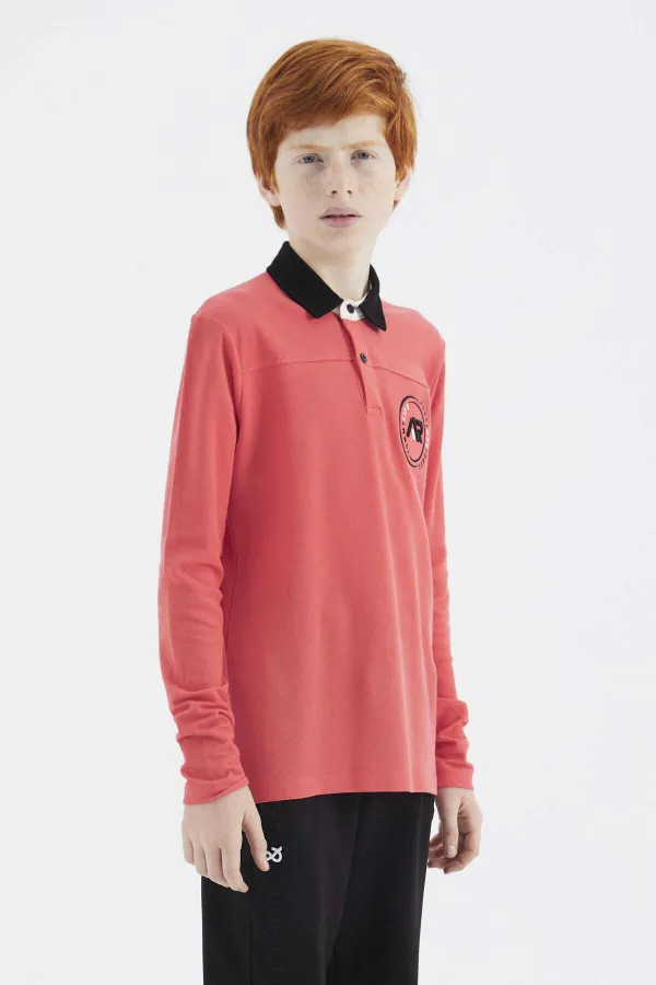 Tommylife Toptan Garson Boy Polo Yaka Standart Kalıp Basic Erkek Çocuk Sweatshirt 11172 Coral