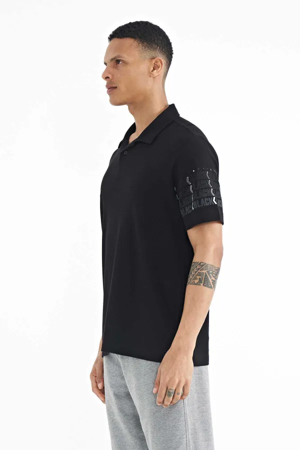 T-shirt homme Tommylife Wholesale, manches noires imprimées, col polo, coupe standard - 88240