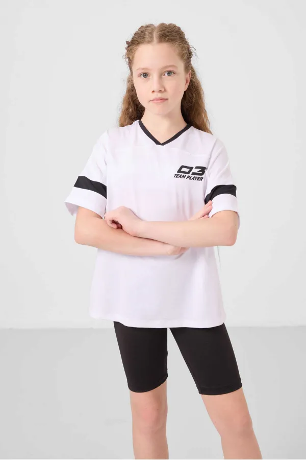 Tommylife Toptan V Yaka Kemer Detaylı Standart Fit Performans Kız Çocuk Tayt Takım 75187 Beyaz Siyah