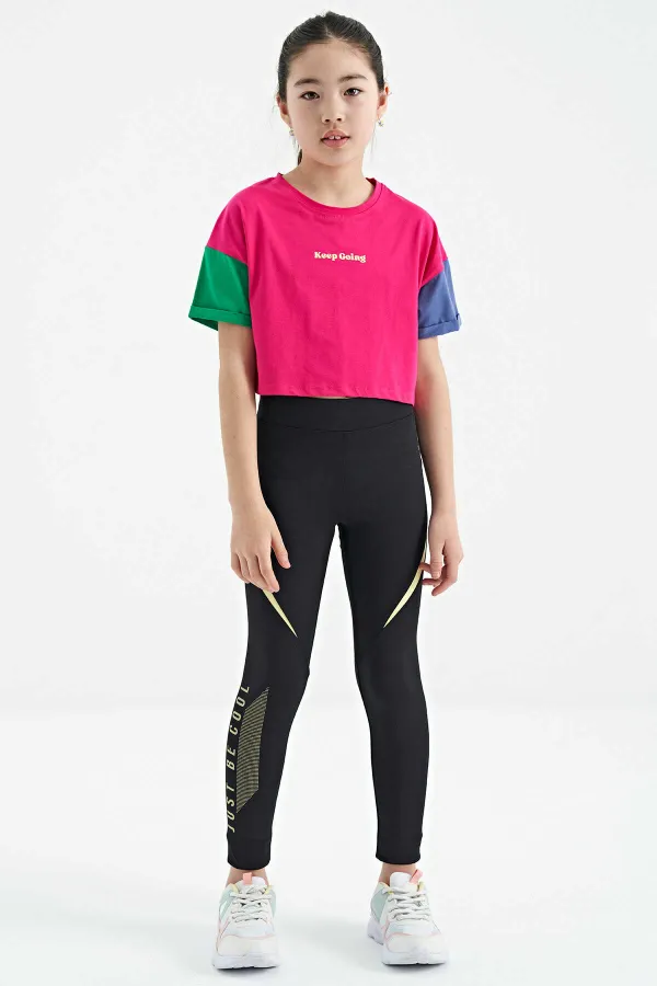 Tommylife Wholesale Fuchsia Printed Crew Neck Dropped Shoulder Oversize Girls' T-Shirt - 75130