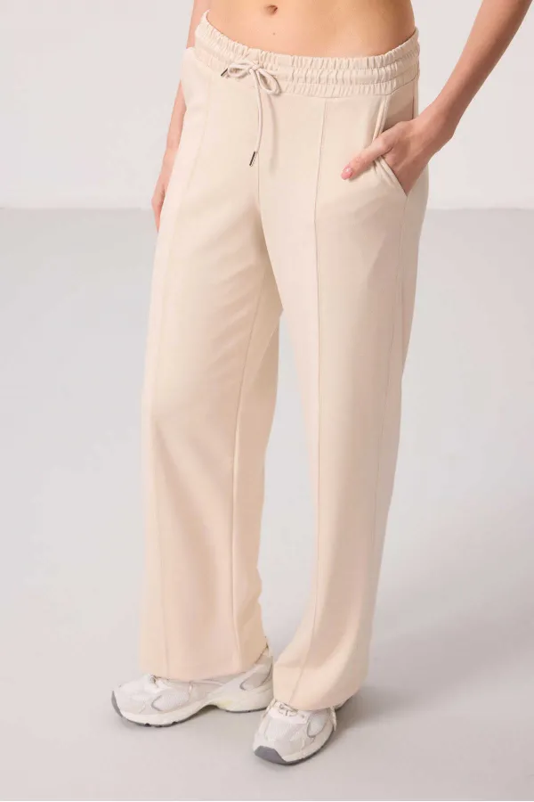 Pantalon palazzo pour femme Tommylife, en tissu doux, avec poches et surpiqûres apparentes - Beige 94670