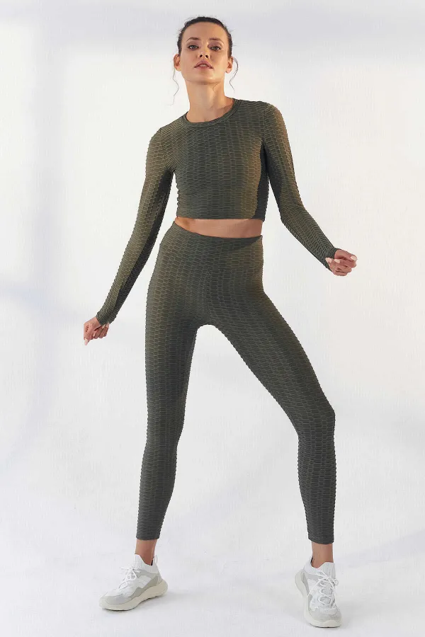 Tommylife Wholesale Light Green Self-Patterned Crew Neck Long Sleeve Women's Crop Top T-Shirt - 97153