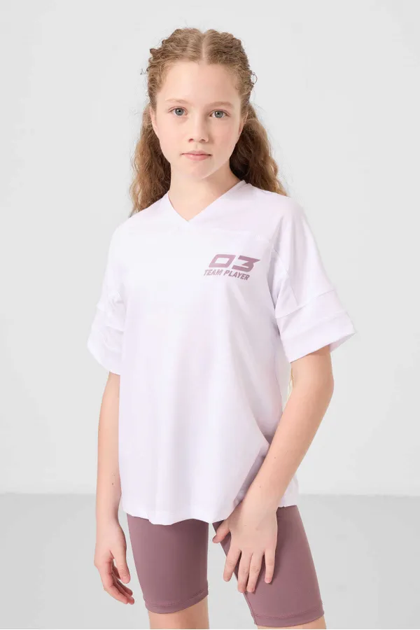 Tommylife Toptan V Yaka Kemer Detaylı Standart Fit Performans Kız Çocuk Tayt Takım 75187 Beyaz Gül kurusu