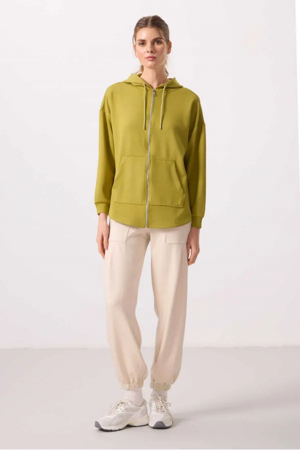 Tommylife Toptan Yumuşak Dokulu Kapüşonlu Oversize Kadın Tunik Sweatshirt - 97302 Koyu Hardal