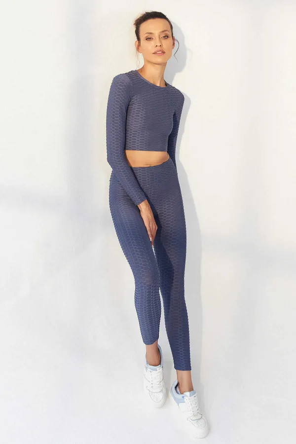 Tommylife Toptan Petrol Kendinden Desenli O Yaka Uzun Kol Kadın Crop Top T-Shirt - 97153