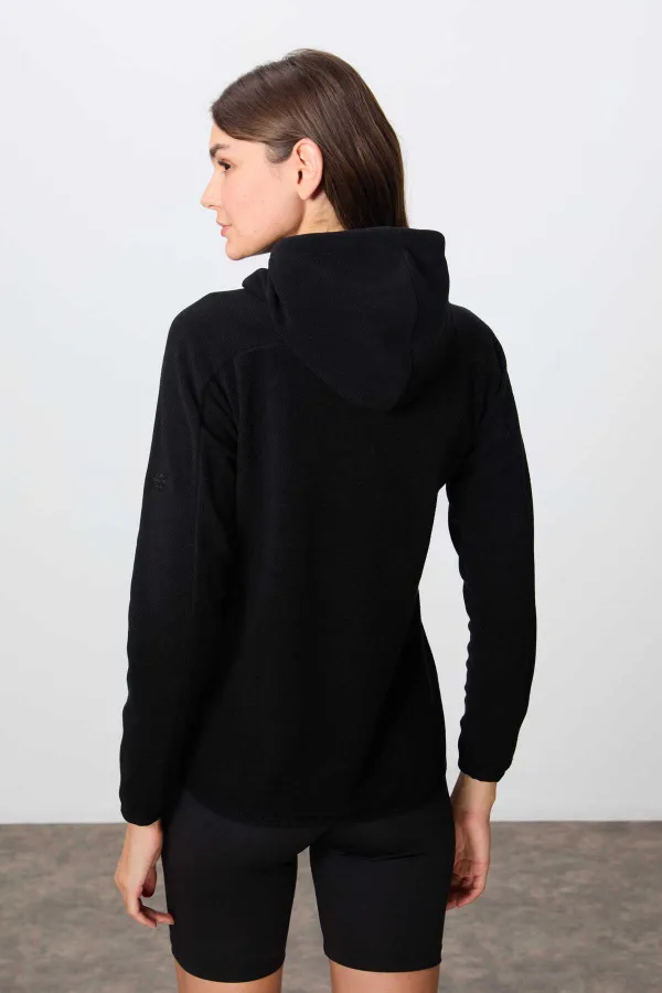 Tommylife Toptan Kapüşonlu Standart Kalıp Fermuarlı Kadın Polar Sweatshirt 97287 Siyah