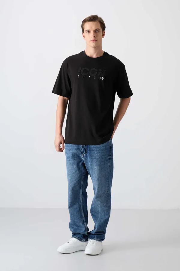 Tommylife Toptan O Yaka Oversize Baskılı Erkek T-Shirt 88331 Siyah