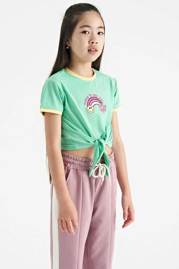 Tommylife Toptan Su Yeşili Baskı Detaylı O Yaka Çok Renkli Bağlama Detaylı Kız Çocuk T-Shirt - 75113