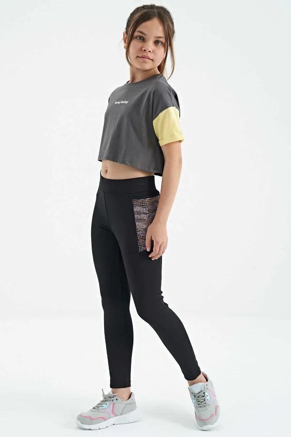 Tommylife Wholesale Dark Grey Printed Crew Neck Dropped Shoulder Oversize Girls' T-Shirt - 75130