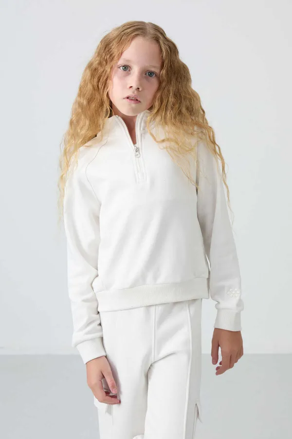 Tommylife Toptan 7-15 Yaş Dik Yaka Standart Kalıp Kız Çocuk Eşofman Takımı 75159 Ekru