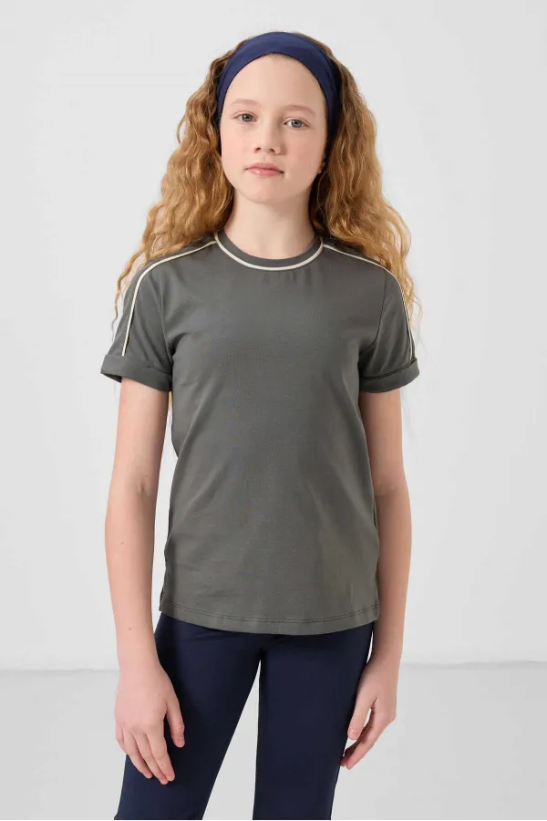 Tommylife Toptan Pamuklu O Yaka Oversize Fit Baskılı Kız Çocuk T Shirt 75177 Haki