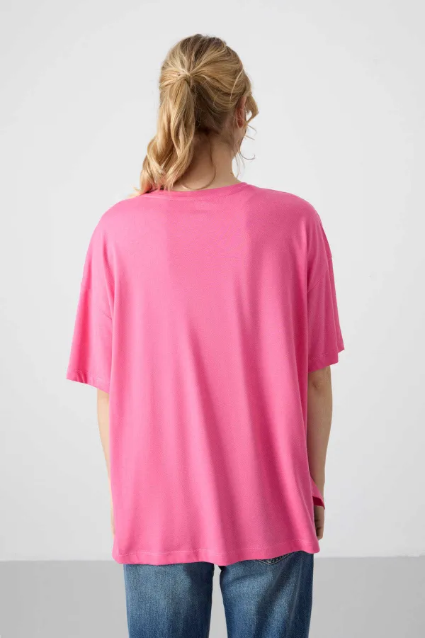 Tommylife Toptan O Yaka Oversize Basic Kadın T-Shirt 97285 Rose