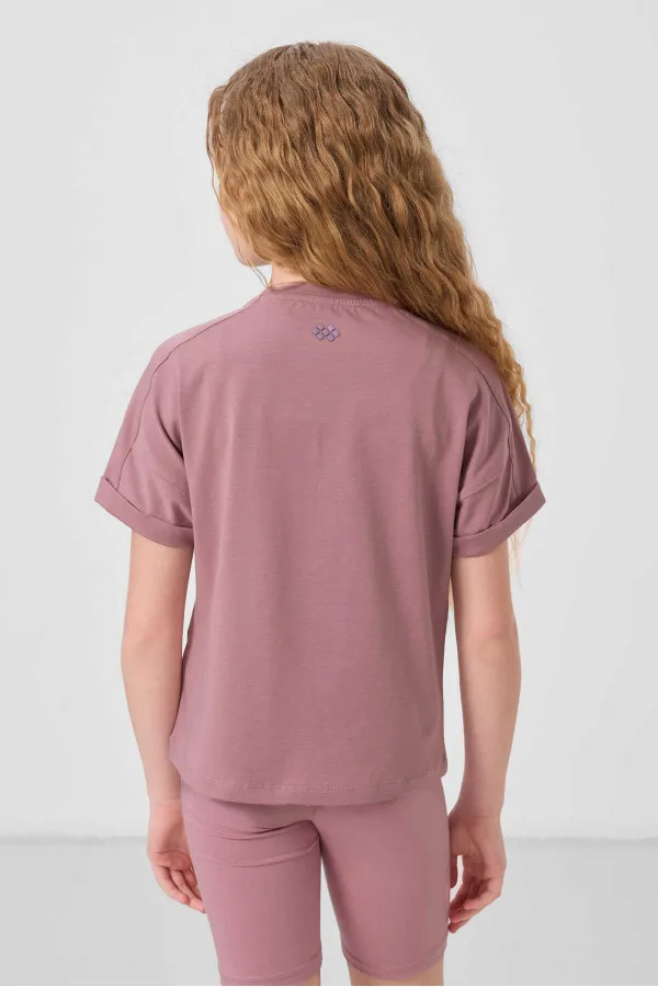 Tommylife Toptan Pamuklu O Yaka Oversize Fit Basic Kız Çocuk T Shirt 75182 Gül Kurusu