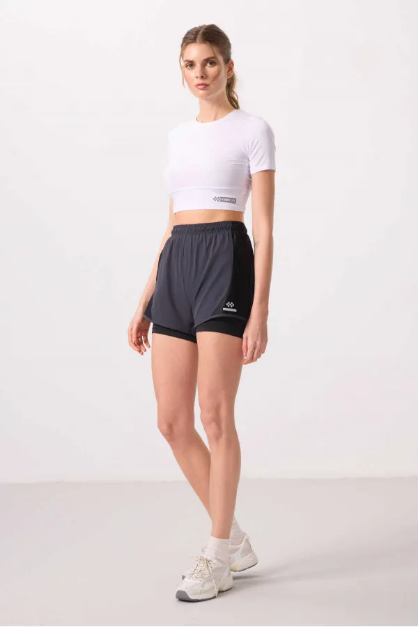 Tommylife Toptan Polyester Gizli Cep Fermuarlı Standart Kalıp Kadın İçi Taytlı Şort - 91015 Antrasit