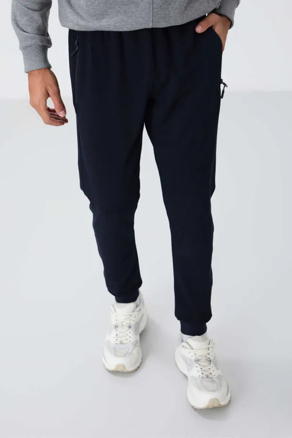Tommylife Toptan Lacivert Fermuar Cepli Standart Kalıp Jogger Erkek Eşofman Alt - 84651