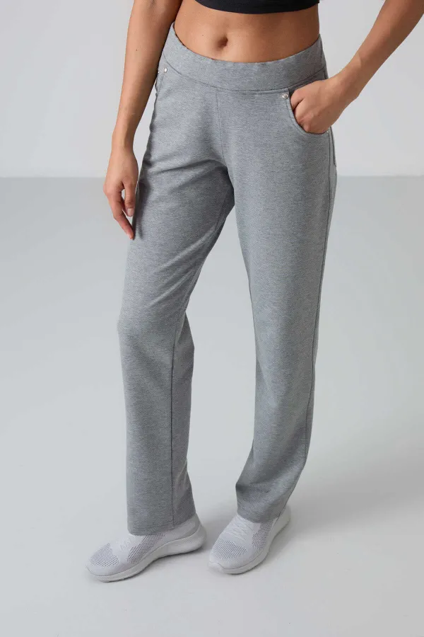 Tommylife Wholesale Grey Melange Women's Sweatpants with Stone Details, Pockets, Comfortable Fit, Classic Leg - 94007