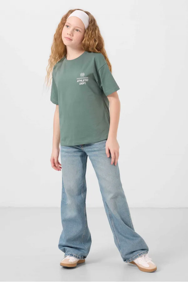 Tommylife Wholesale Cotton Crew Neck Oversize Fit Basic Girls' T-Shirt 75178 Light Green