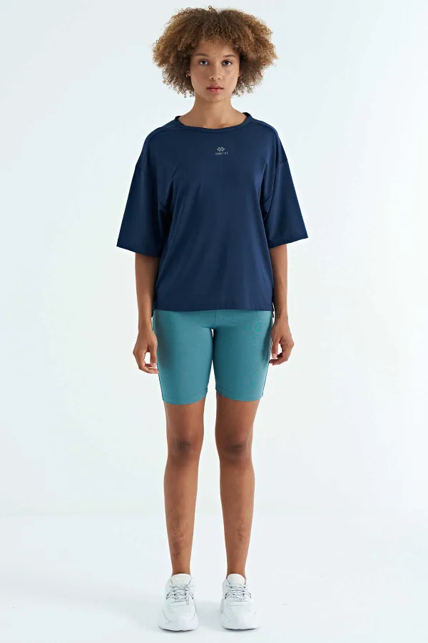 Tommylife Wholesale Indigo Crew Neck Print Detail Oversize Short Sleeve Women's T-Shirt - 97263