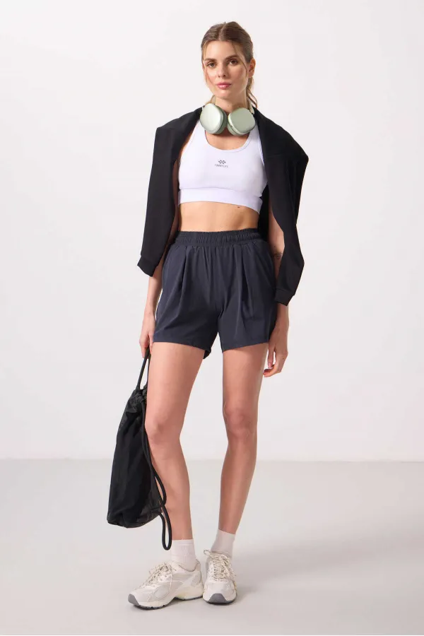 Tommylife Toptan Polyester Gizli Cep Fermuarlı Rahat Form Kadın Şort - 91014 Antrasit