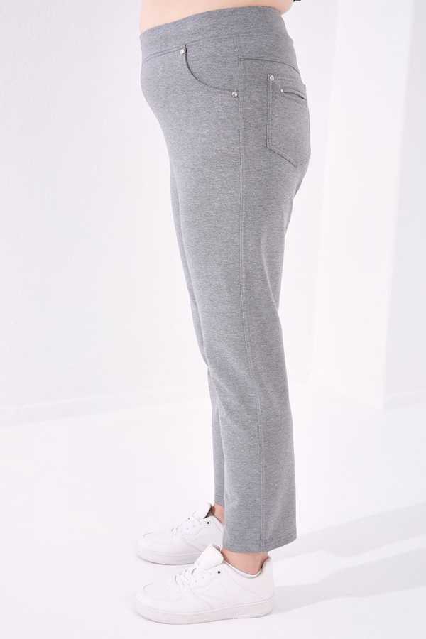 Tommylife Toptan Gri Melanj Klasik Paça Taş Detaylı Kadın Büyük Beden Eşofman Alt - 94040
