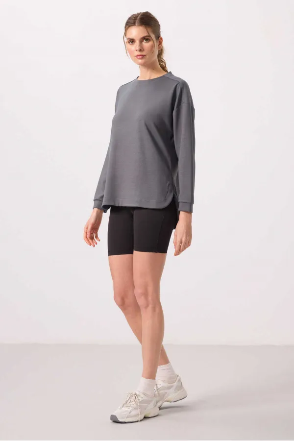 Tommylife Wholesale Soft Texture O Neck Comfortable Form Women's Tunic Sweatshirt - 97305 Dark Gray