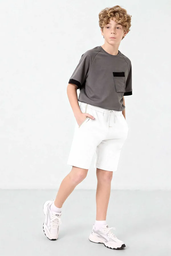 Tommlife Toptan Ekru Standart Fit Bağcıklı Erkek Çocuk Şort  - 11284