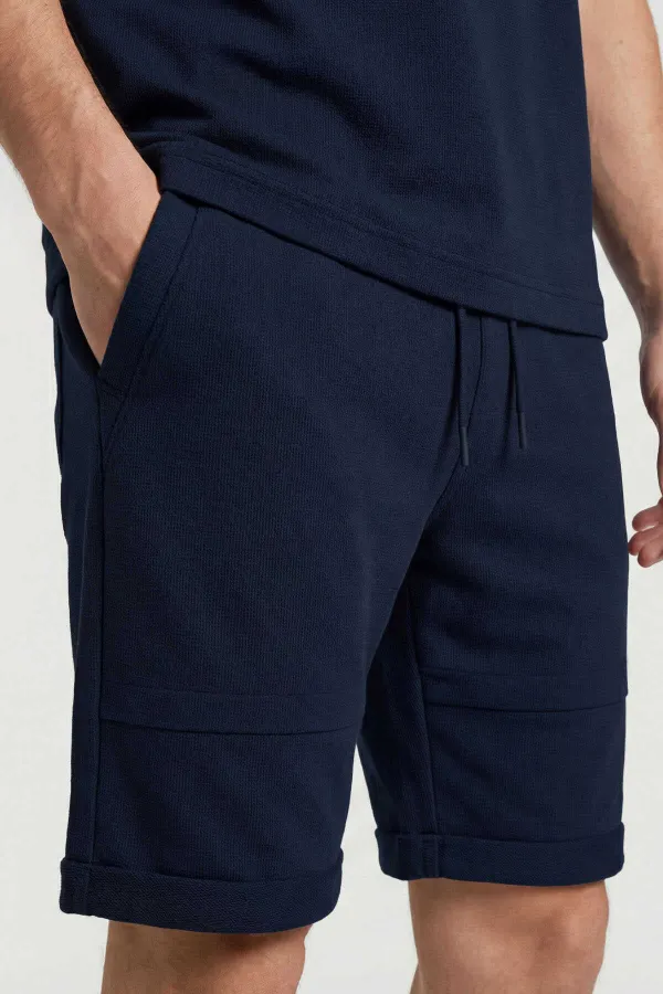 Tommylife Toptan Lacivert Oversize Fit Yumuşak Dokulu Basic Erkek Şort Takım - 85274