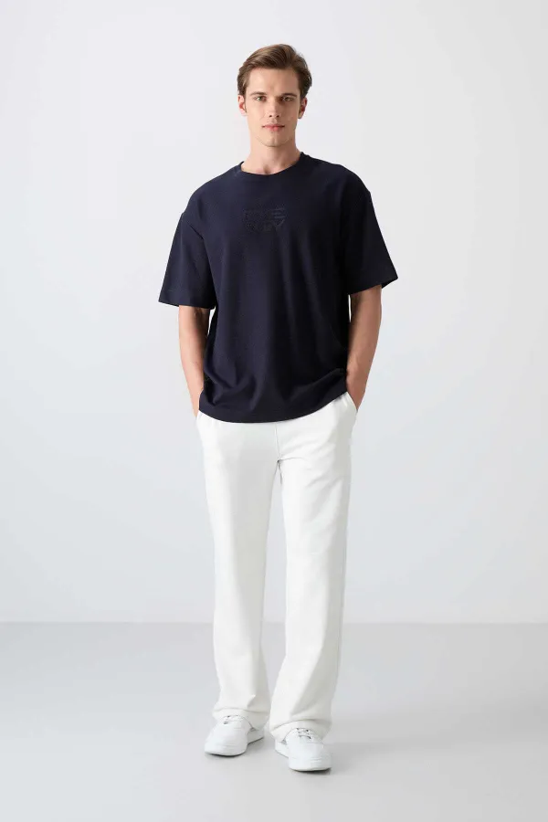 Tommylife Wholesale Crew Neck Oversize Printed Men's T-Shirt 88336 Navy Blue
