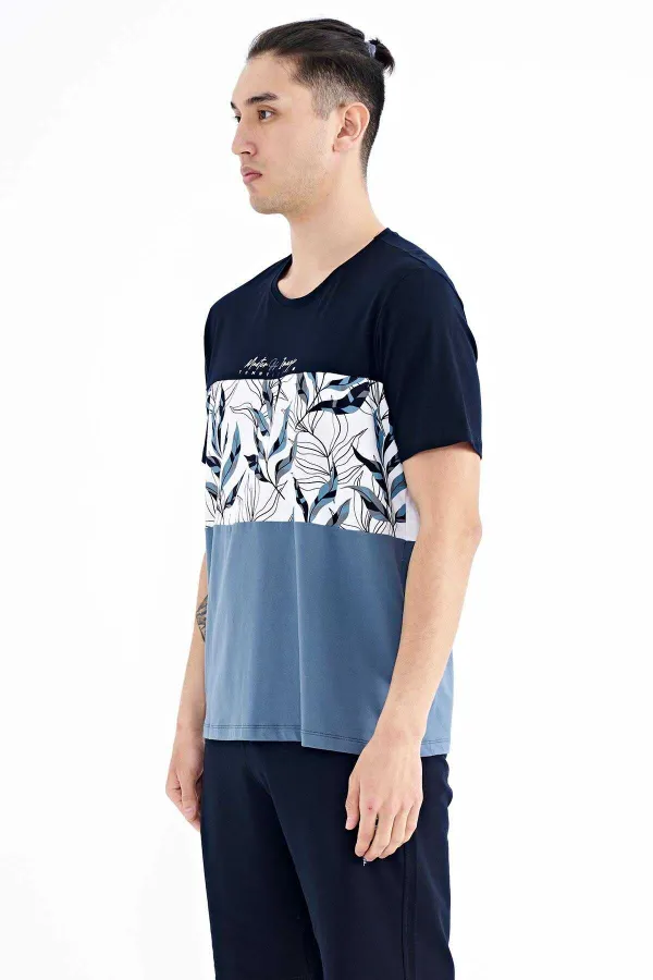 Tommylife Wholesale Navy Blue Gradient Print Detail Crew Neck Standard Fit Men's T-Shirt - 88177