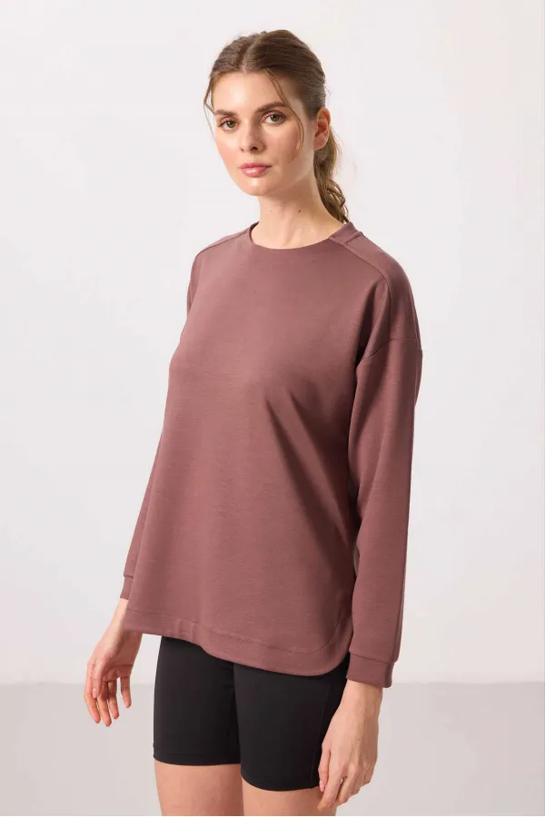 Tommylife Wholesale Soft Texture O Neck Comfortable Form Women's Tunic Sweatshirt - 97305 Brown