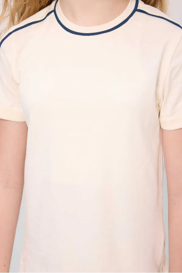 Tommylife Toptan Pamuklu O Yaka Oversize Fit Baskılı Kız Çocuk T Shirt 75177 Ekru