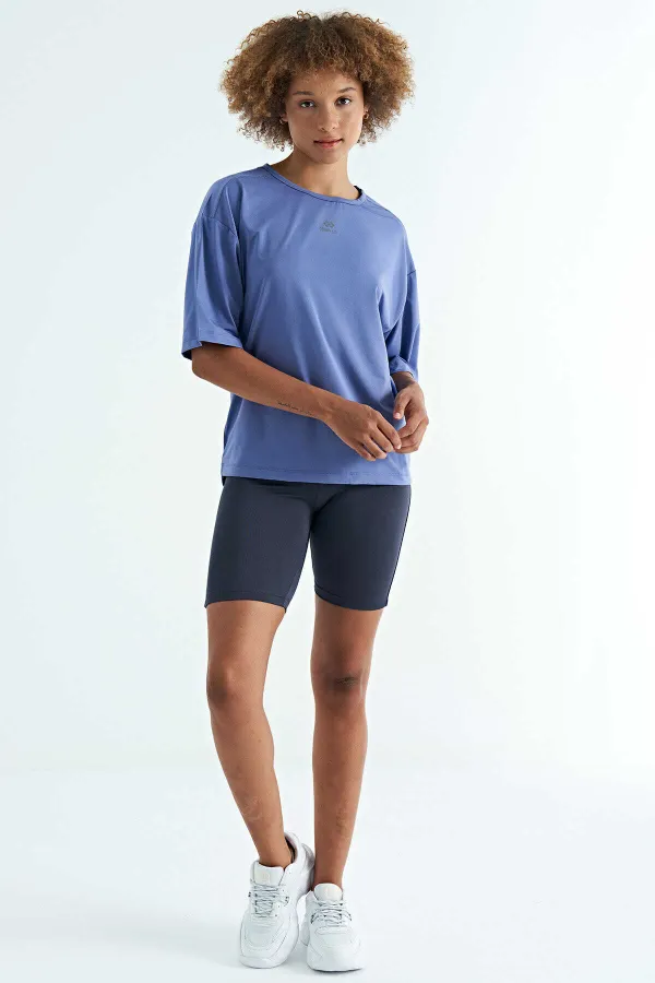 Tommylife Toptan Eflatun O Yaka Baskı Detaylı Oversize Kısa Kol Kadın T-Shirt - 97263