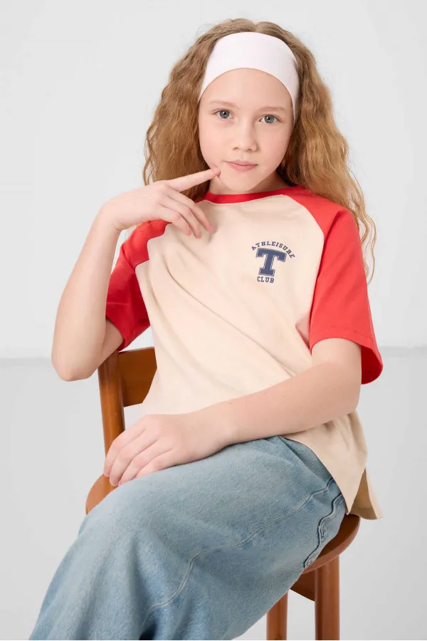 Tommylife Toptan O Yaka  Pamuklu Baskılı Oversize Fit Kız Çocuk T Shirt 75179 Bej