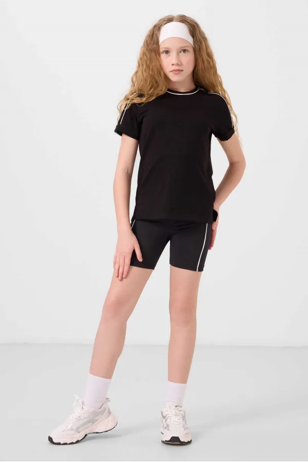 Tommylife Toptan Esnek Standart Fit Basic Performans Kız Çocuk Tayt 75189 Siyah