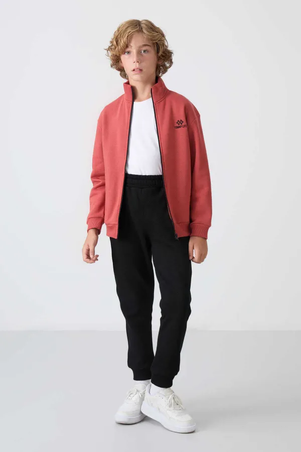 Tommylife Toptan 7-15 Yaş Dik Yaka Erkek Çocuk Eşofman Takımı 11256 Kiremit - Siyah