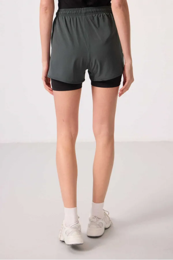 Short Tommylife en polyester, coupe standard, poche cachée, fermeture éclair, avec legging intégré - 91015 Kaki