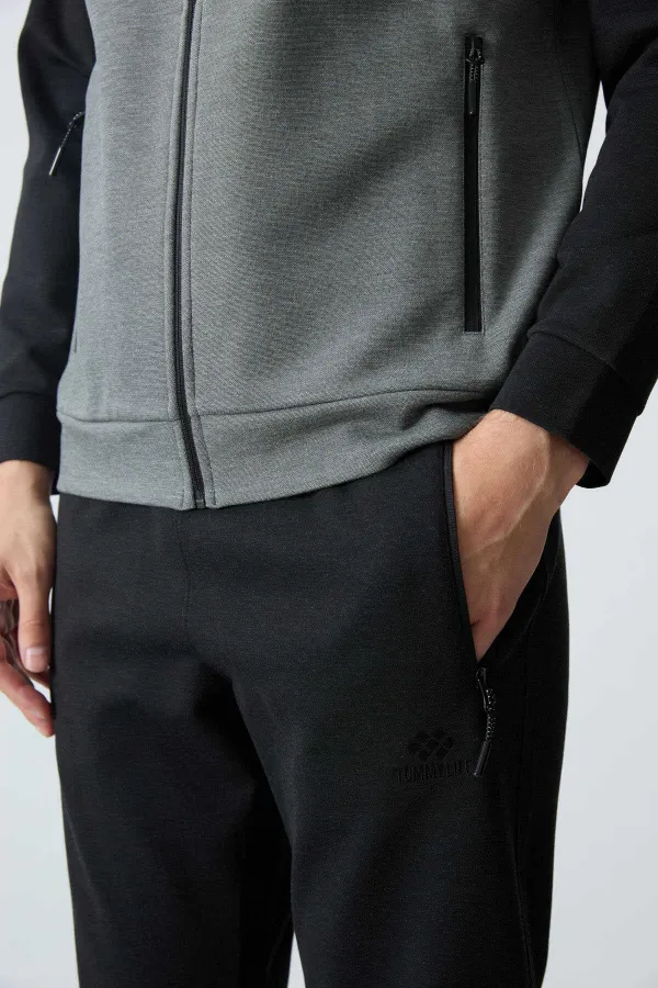 Tommylife Toptan Rahat Kalıp Dik Yaka Klasik Paça Erkek Eşofman Takımı 85113 Çağla - Siyah