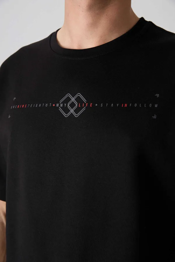 Tommylife Toptan O Yaka Oversize Baskılı Erkek T-Shirt 88323 Siyah