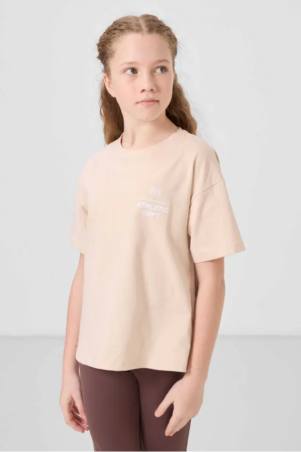 Tommylife Wholesale Cotton Crew Neck Oversize Fit Basic Girls' T-Shirt 75178 Beige