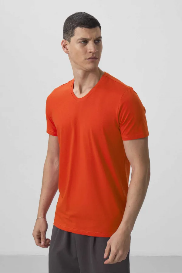 Tommylife Wholesale V-Neck Standard Fit Basic Men's T-Shirt 87912 Orange