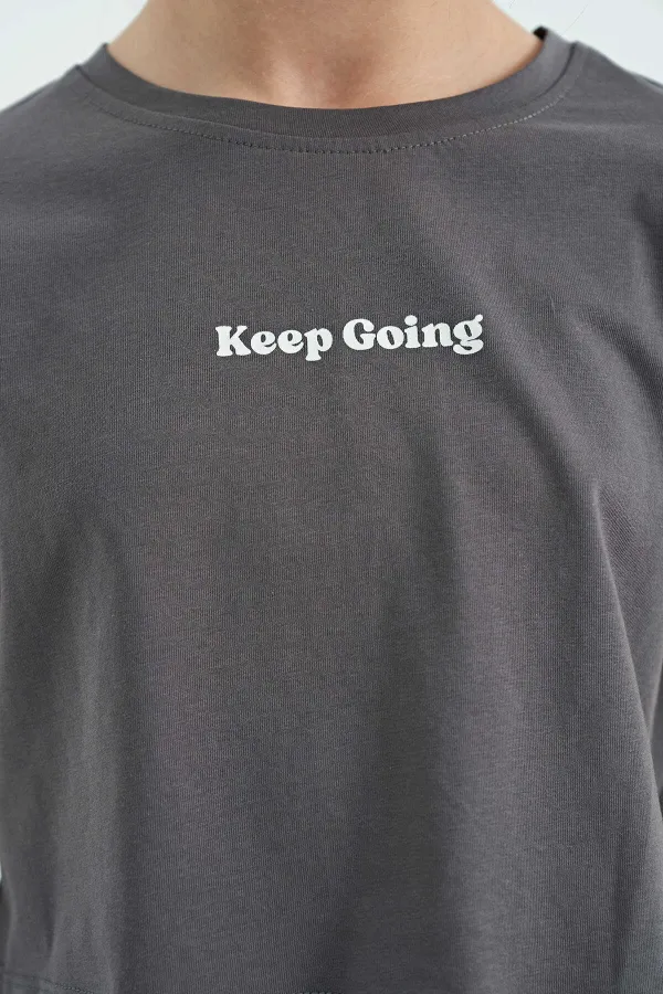 Tommylife Wholesale Dark Grey Printed Crew Neck Dropped Shoulder Oversize Girls' T-Shirt - 75130