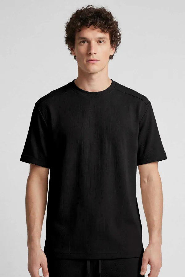 Tommylife Toptan Siyah Oversize Fit Yumuşak Dokulu Basic Erkek Şort Takım - 85274