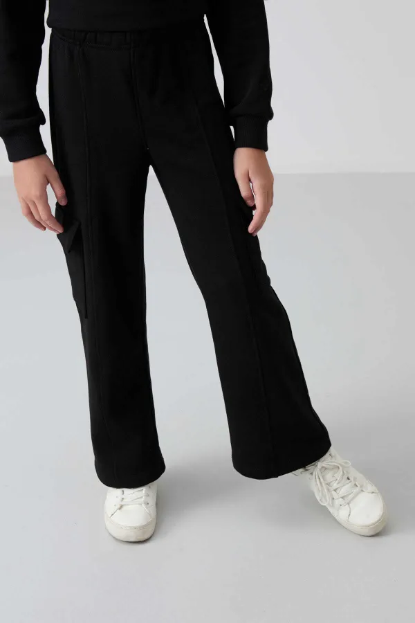 Tommylife Toptan 7-15 Yaş Dik Yaka Standart Kalıp Kız Çocuk Eşofman Takımı 75159 Siyah