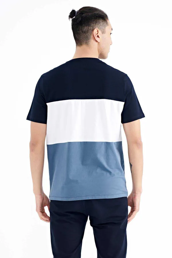 Tommylife Wholesale Navy Blue Gradient Print Detail Crew Neck Standard Fit Men's T-Shirt - 88177