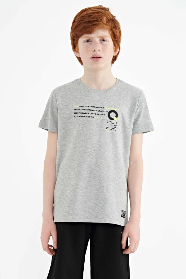 T-shirt garçon imprimé Tommylife, col rond, coupe standard, gris chiné, référence 11145