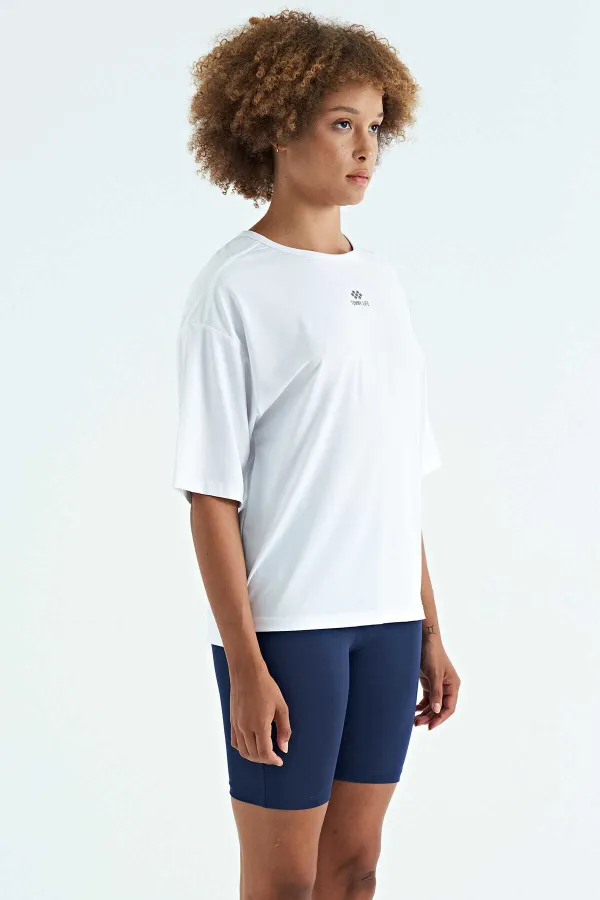 Tommylife Wholesale White Crew Neck Print Detail Oversize Short Sleeve Women's T-Shirt - 97263