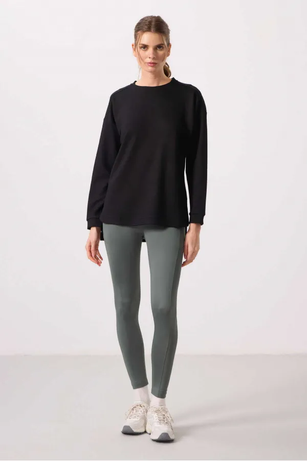 Tommylife Toptan Yumuşak Dokulu O Yaka Rahat Form Kadın Tunik Sweatshirt - 97305 Siyah